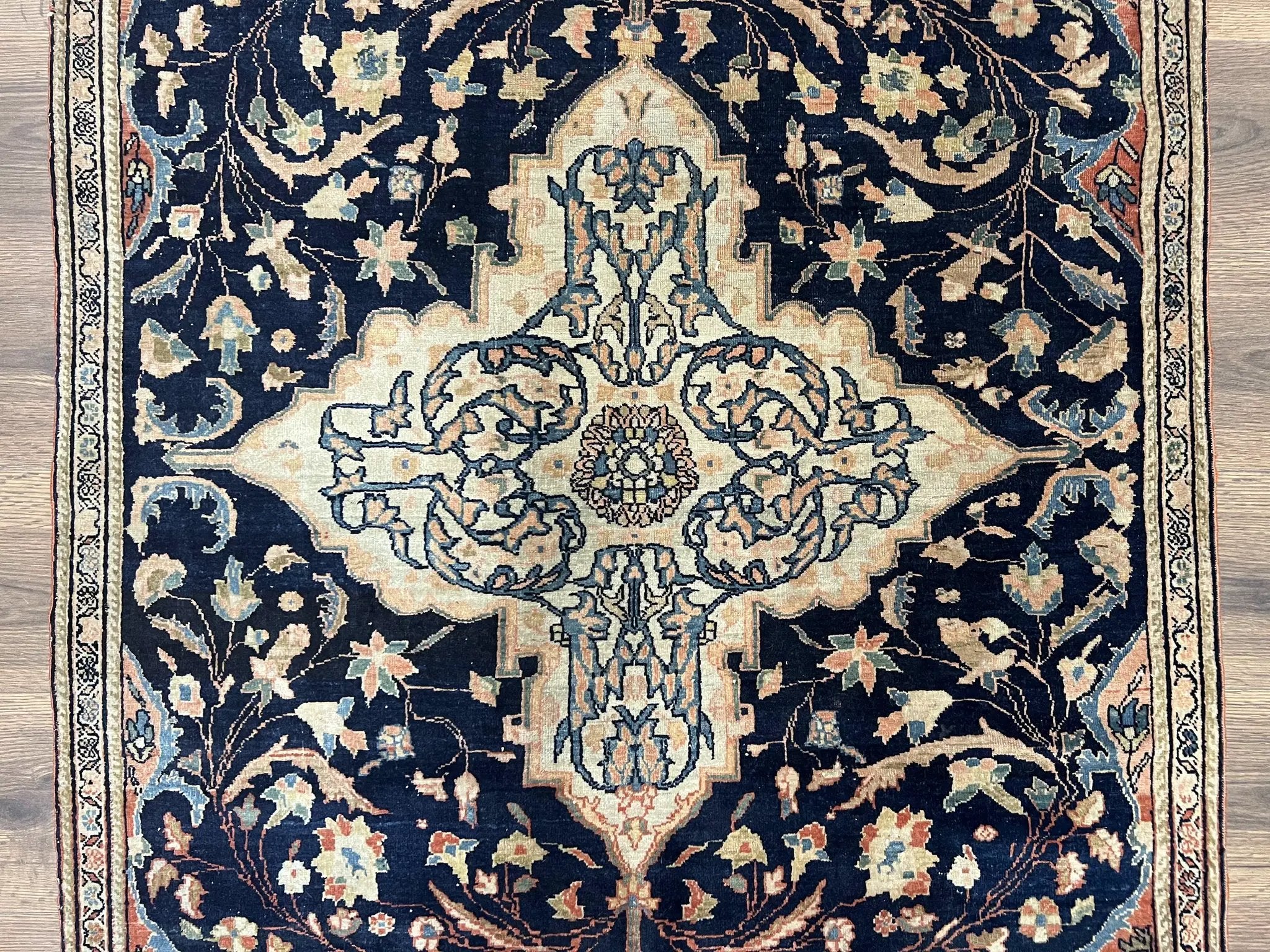 Antique Persian Rug 3.5 x 5, Sarouk Farahan Rug, High Quality 1920s Fine Oriental Carpet 3 x 5 ft, Large Medallion, Floral, Navy Blue Red, Hand Knotted Wool Rug by Jewel Rugs