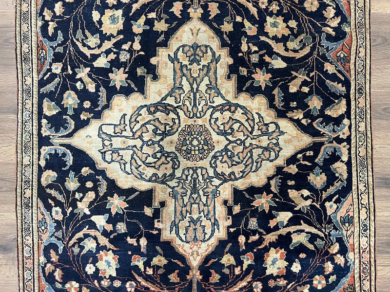 Antique Persian Rug 3.5 x 5, Sarouk Farahan Rug, High Quality 1920s Fine Oriental Carpet 3 x 5 ft, Large Medallion, Floral, Navy Blue Red, Hand Knotted Wool Rug by Jewel Rugs