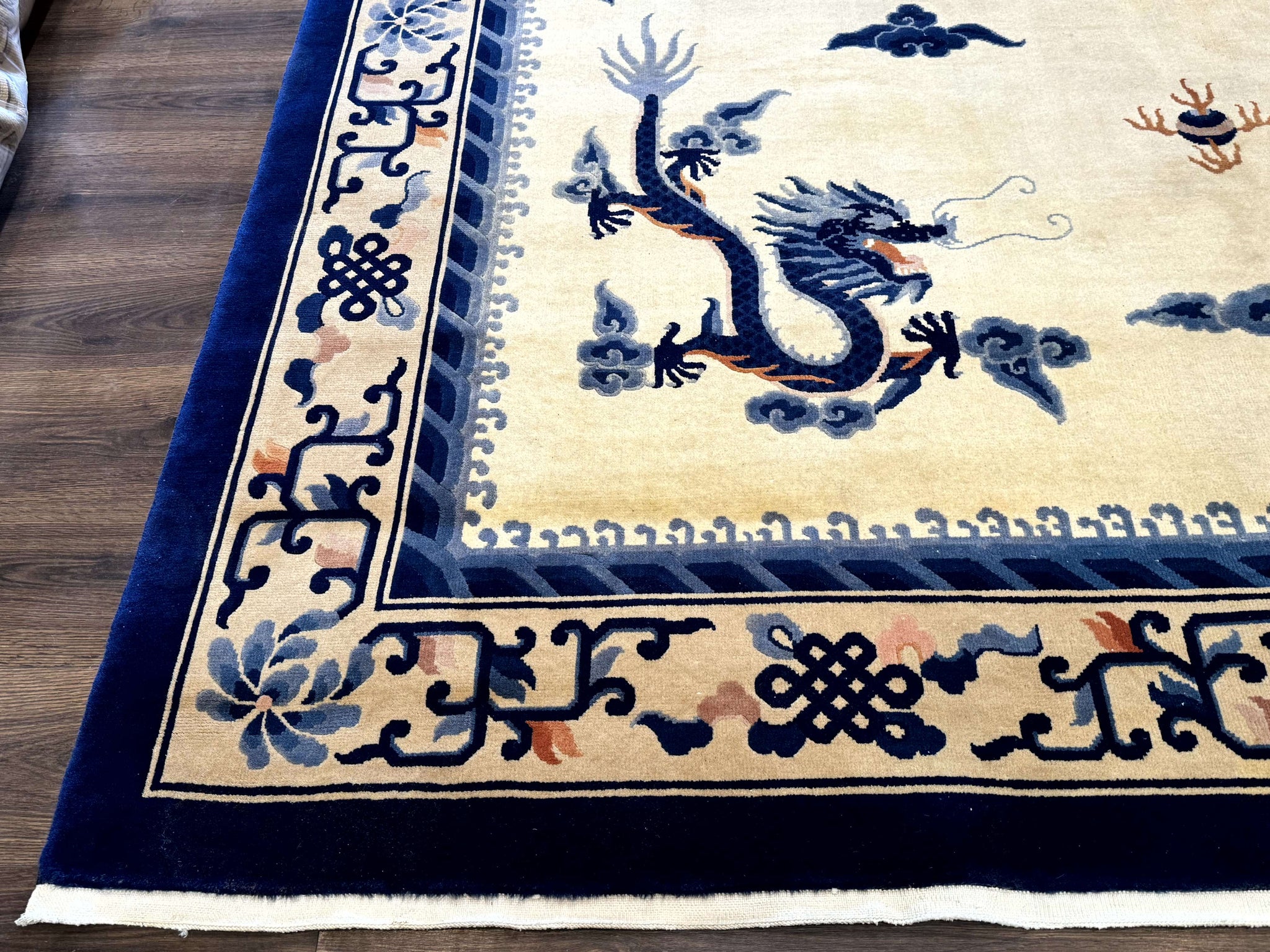 Chinese Dragon Peking Rug 8 x 11.6, Ivory and Blue, Chinese Wool Rug, Vintage by Jewel Rugs