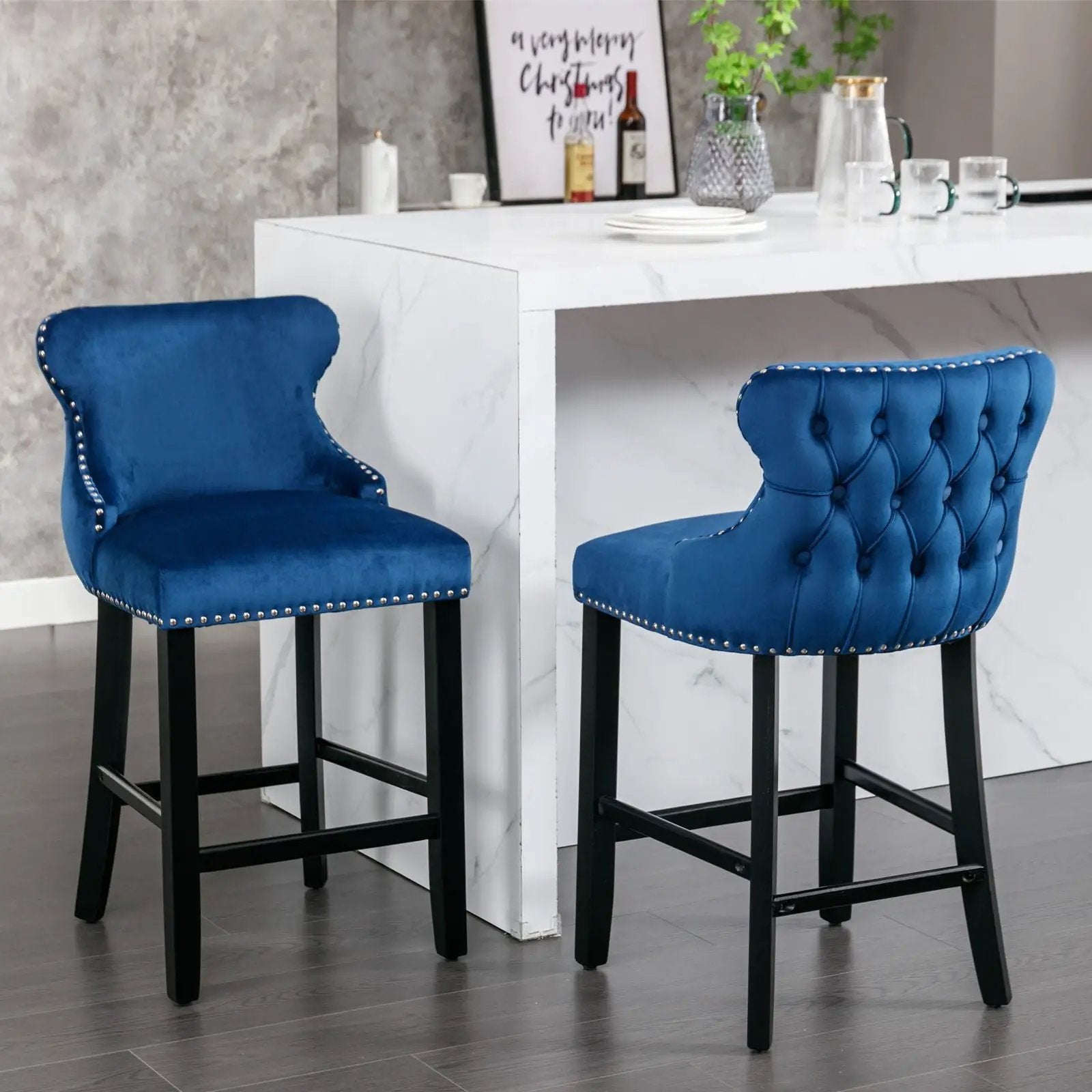 Contemporary Upholstered Wing-Back Barstools With Button Tufted Decoration And Wooden Legs, And Nailhead Trim, Leisure Style Bar Chairs, Bar Stools (Set of 2) by Unique Piece Furniture