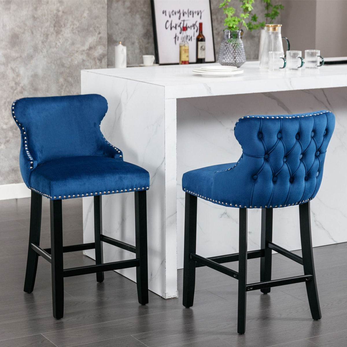 Upholstered Wing-Back Barstools with Button Tufting and Nailhead Trim - Set of 2, photo 5 of 20