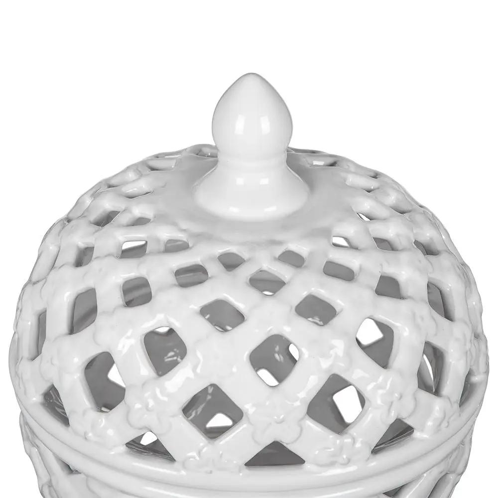 Ceramic Lidded Jar With Lattice Design - White by Unique Piece Furniture