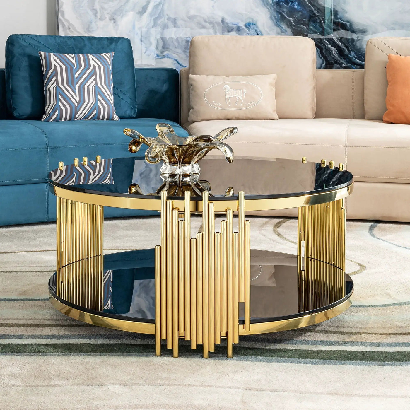 Elegant Round Table With Double Layer Tempered Glass Top And Stainless Steel Frame For Living Room by HouseOfZazla