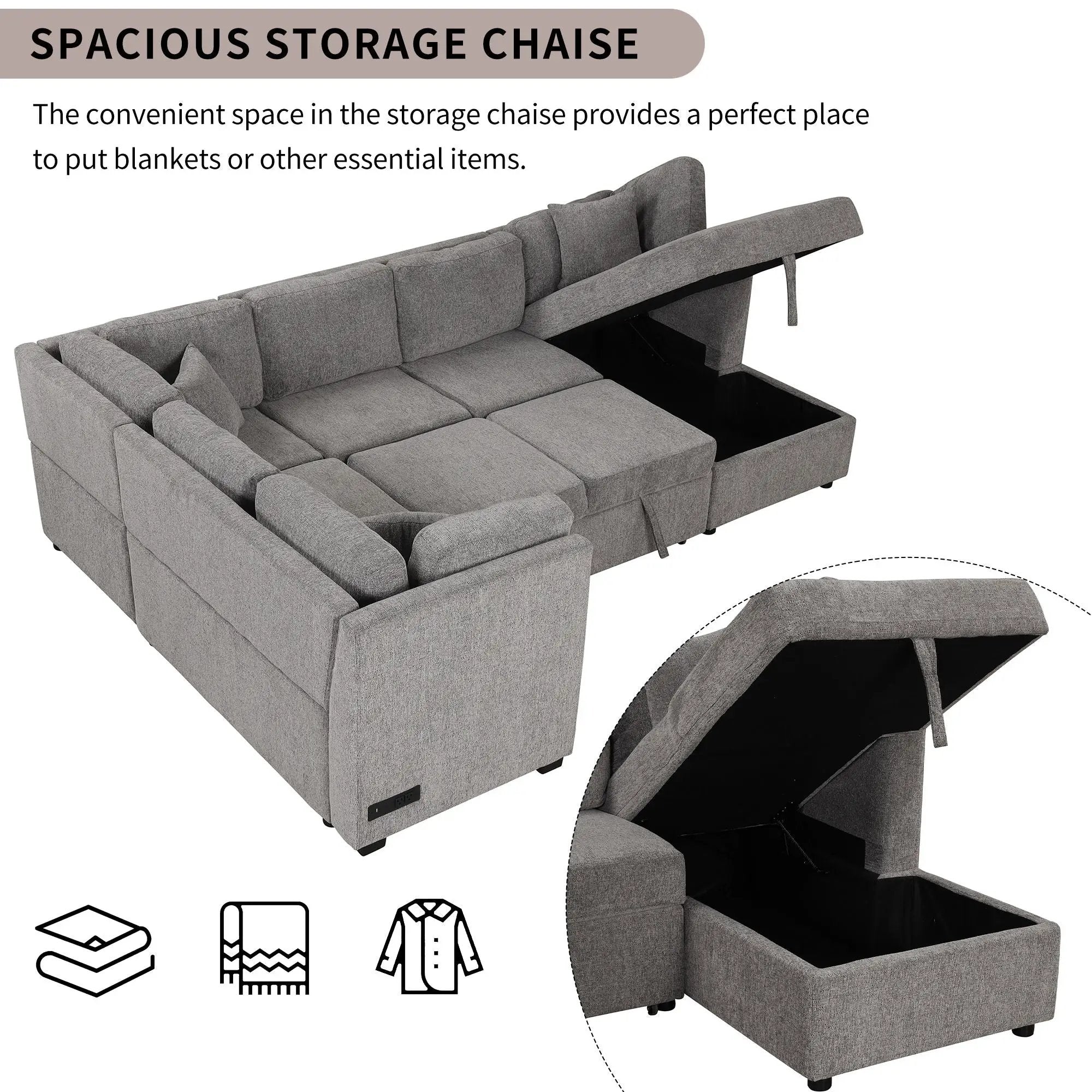 U-Shaped Sectional Sofa Pull Out Sofa Bed With Two USB Ports, Two Power Sockets, Three Back Pillows And A Storage Chaise For Living Room by Unique Piece Furniture