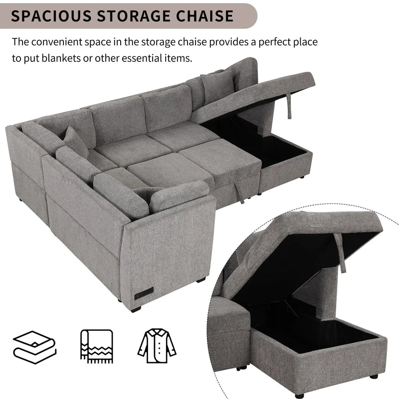 U-Shaped Sectional Sofa Pull Out Sofa Bed With Two USB Ports, Two Power Sockets, Three Back Pillows And A Storage Chaise For Living Room by HouseOfZazla