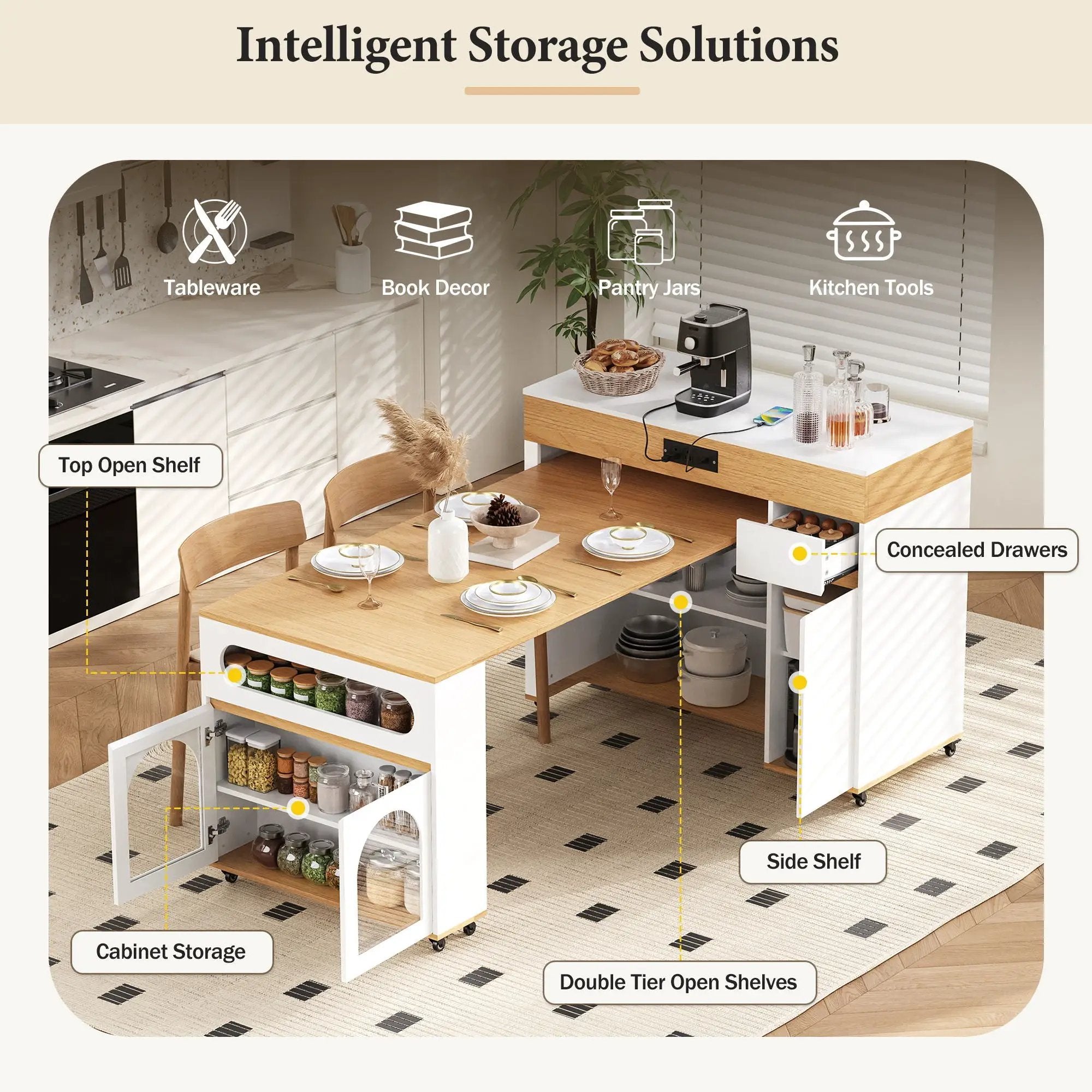 Extendable Dining Table With Folding Top, Rolling Kitchen Island With Drawers And Power Outlet by Unique Piece Furniture