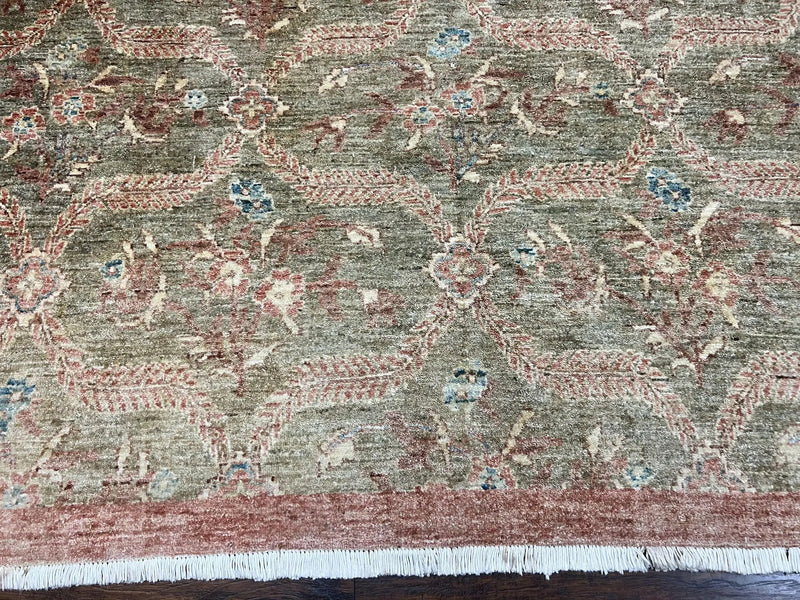 Large Modern Pakistani Rug 9x12, Handmade Wool Carpet, Peshawar Rug, Hand Knotted Oriental Rug, Contemporary, Floral, Light Green by Jewel Rugs