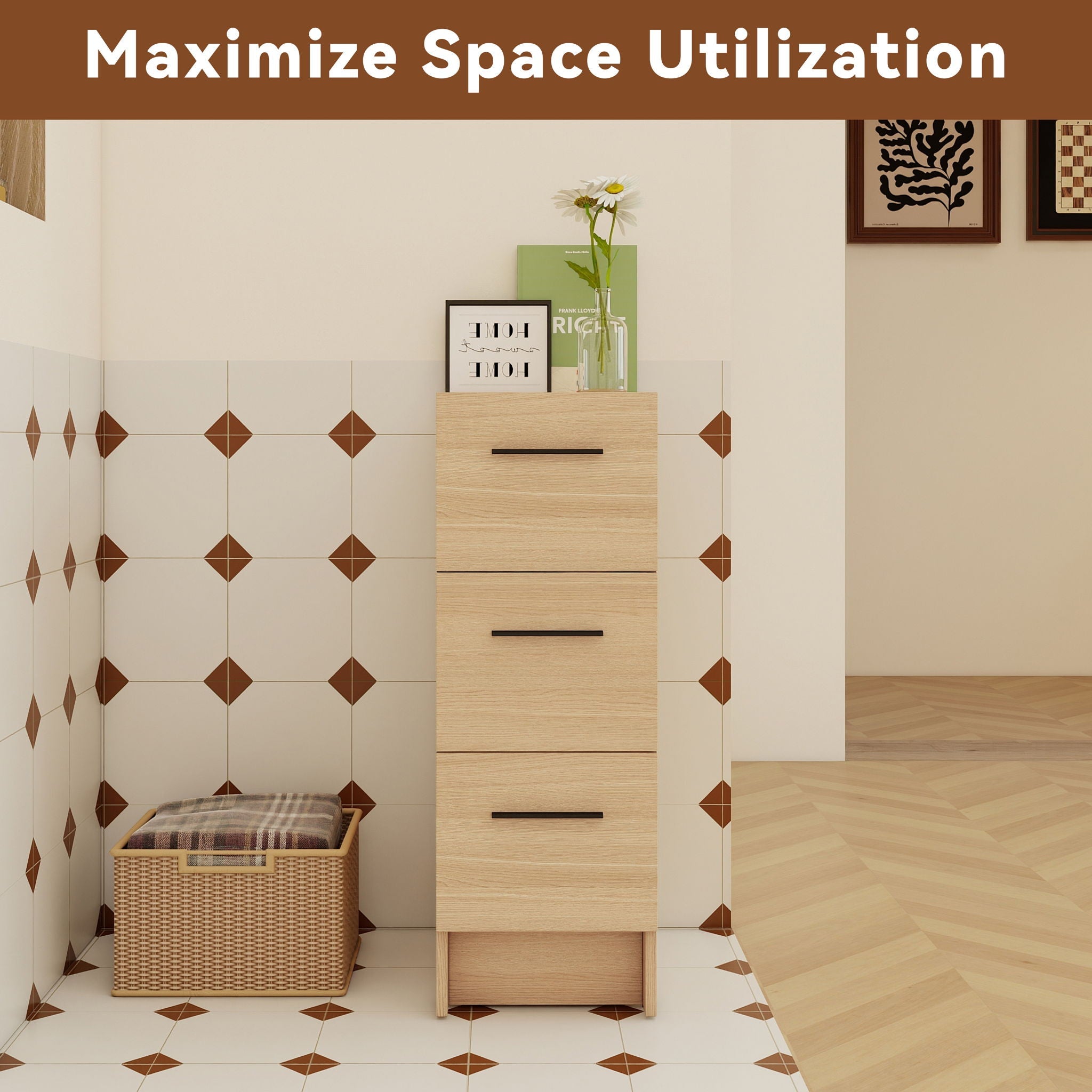 Slim Freestanding Bathroom Storage Cabinet, 3 Drawers - Light Oak by HouseOfZazla