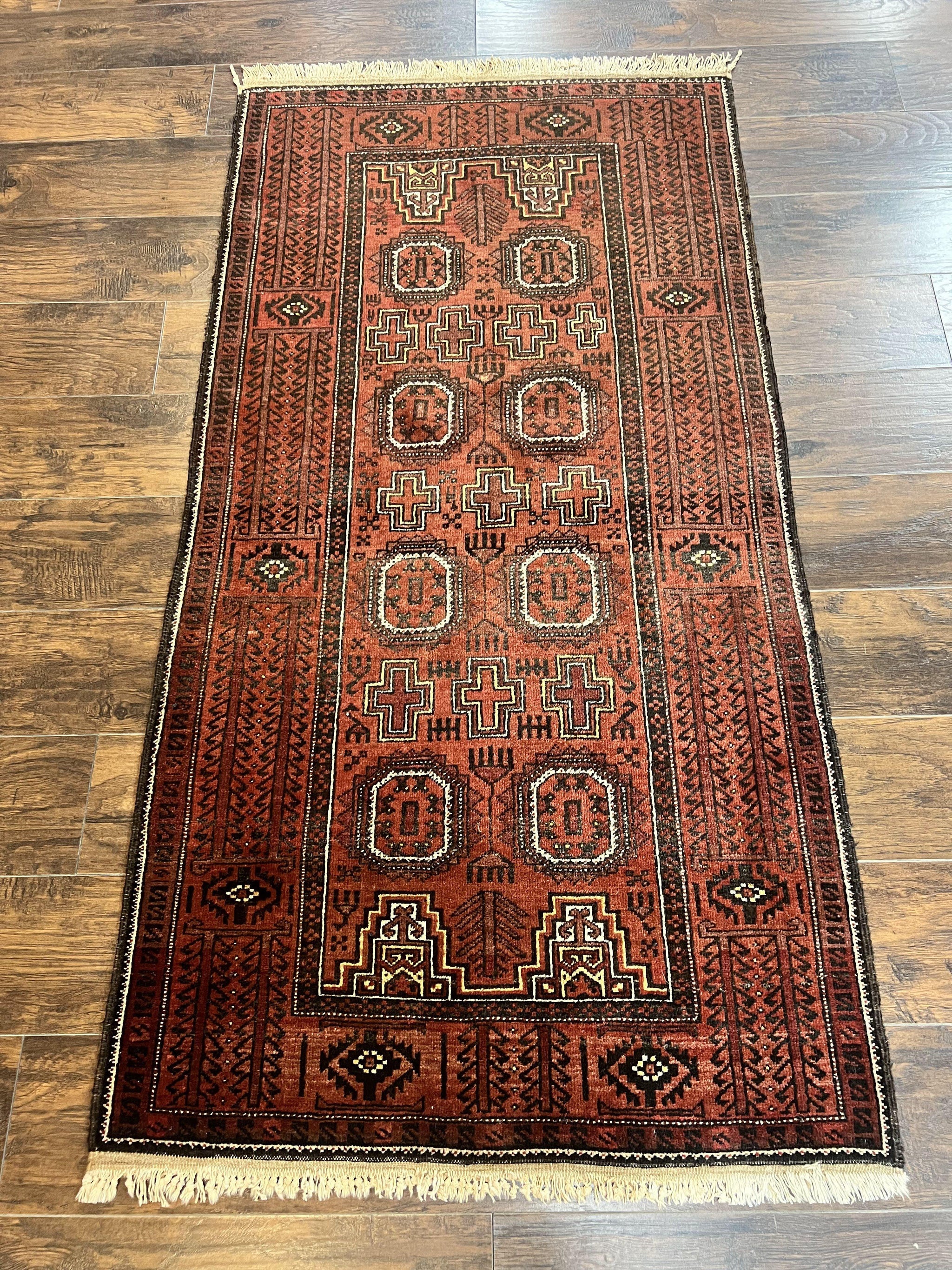 Antique Persian Turkoman Rug 3x6, Wool Tribal Handmade Carpet, Red and Black by Jewel Rugs