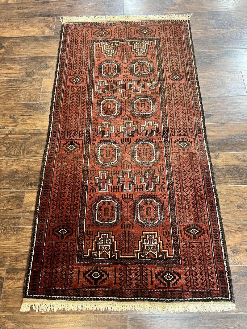 Antique Persian Turkoman Rug 3x6, Wool Tribal Handmade Carpet, Red and Black by Jewel Rugs