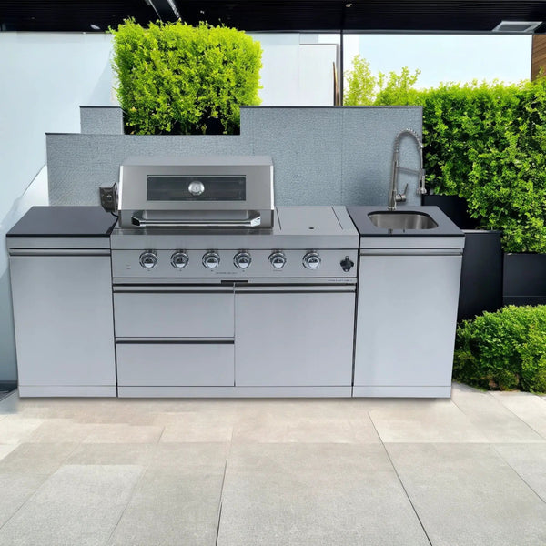 85" 4-Burner 72,000 BTU Silver Outdoor Kitchen Island Grill + Side Burner + Storage Cabinets & Drawers