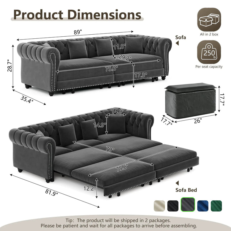 Chesterfield Sofa Bed – 3-in-1 Convertible Velvet Sofa by HouseOfZazla