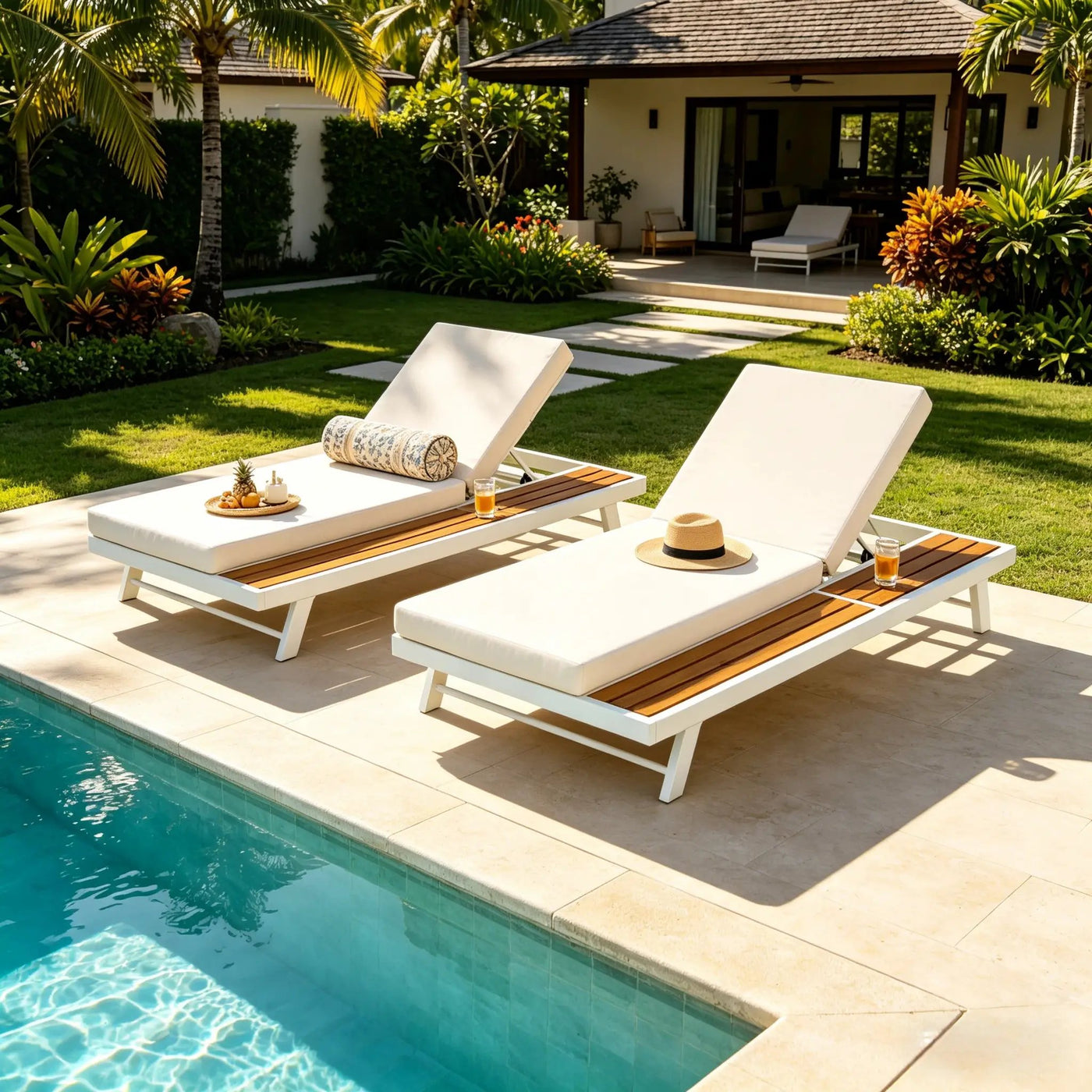 White Iron and Teak Finish Chaise Lounge Set with Cream Cushion by HouseOfZazla