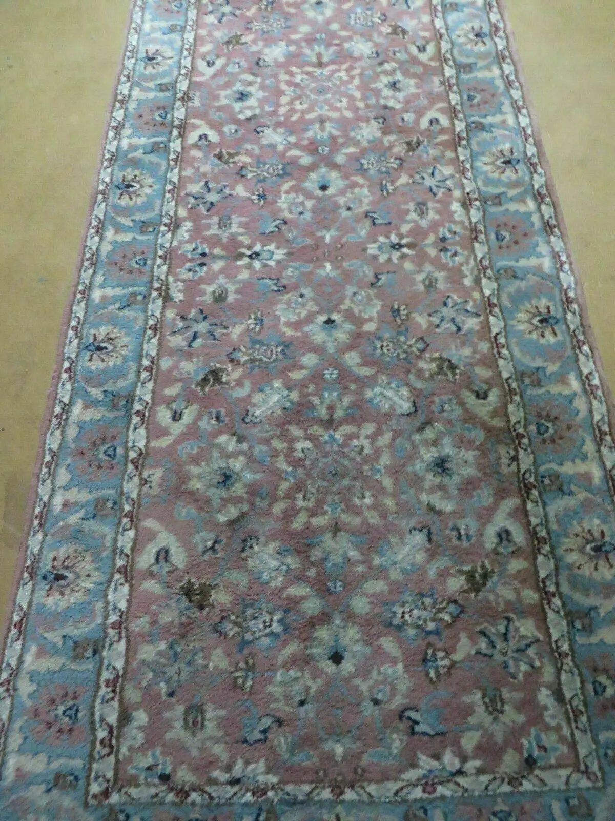 Indo Persian Runner Rug 2.8 x 12, Wool Hand Knotted, Pink and Light Blue by Jewel Rugs