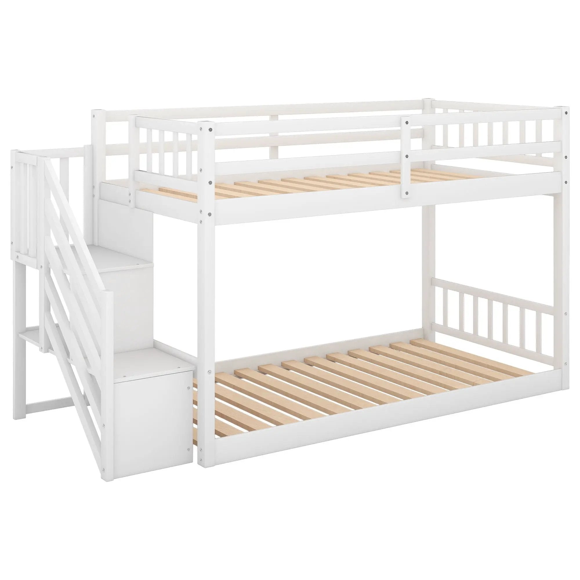 Twin Over Twin Floor Bunk Bed, Ladder With Storage by Unique Piece Furniture