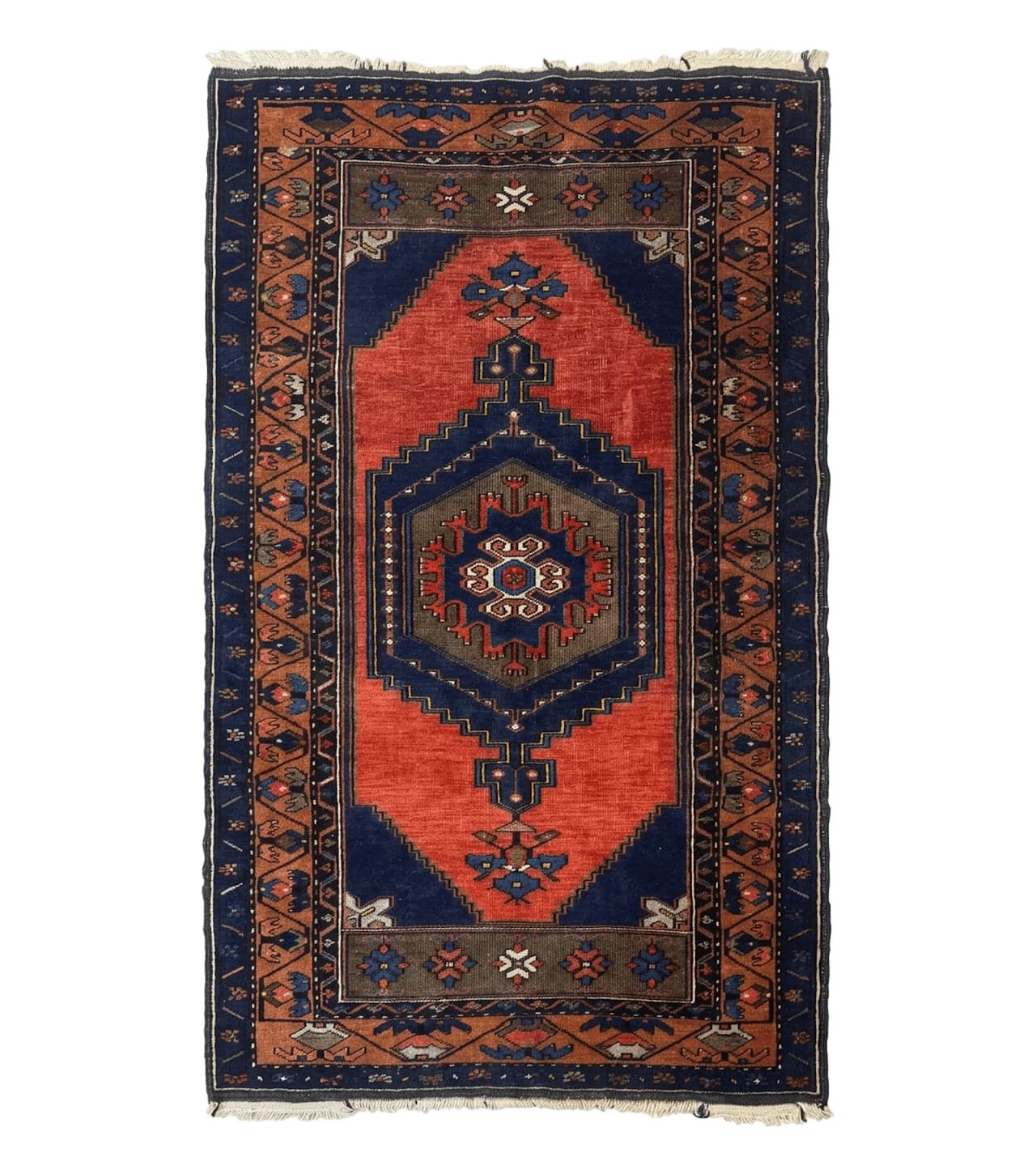 Persian Rug 3x6, Geometric Medallion, Village Tribal Rug, Terracotta and Navy Blue, Antique Nahavand Hamadan Rug by Jewel Rugs