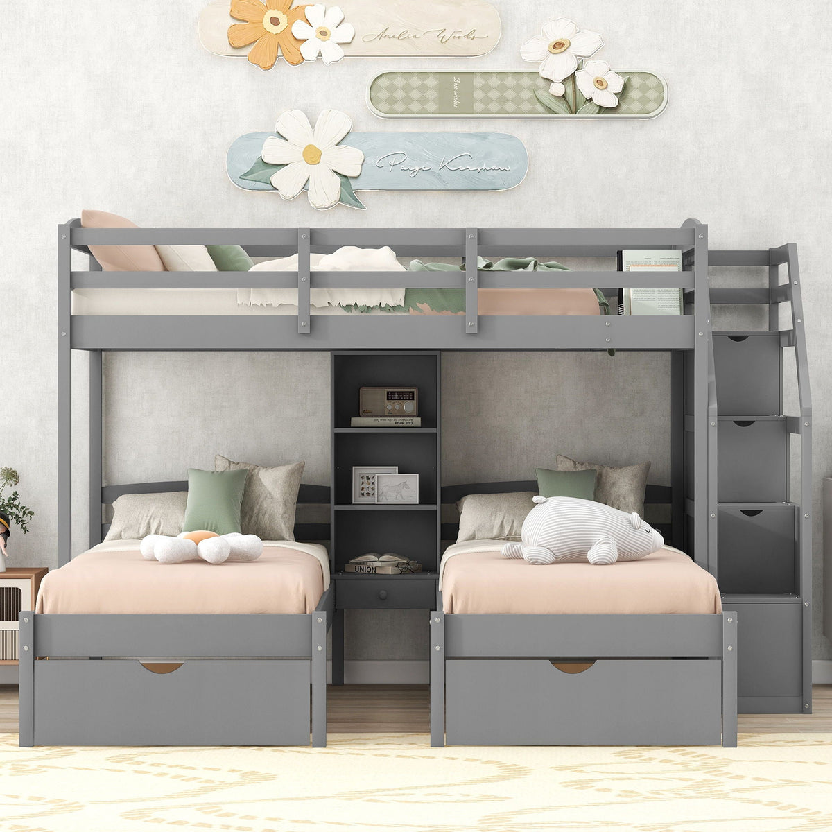 Gray Twin Over Twin & Twin Bunk Bed with Drawers, Staircase Storage, and Built-In Shelves, photo 14 of 14