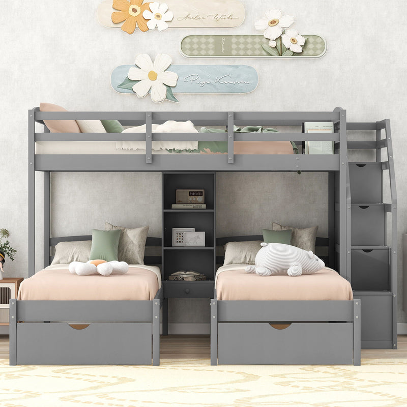 Gray Twin Over Twin & Twin Bunk Bed with Drawers, Staircase Storage, and Built-In Shelves, photo 14 of 14