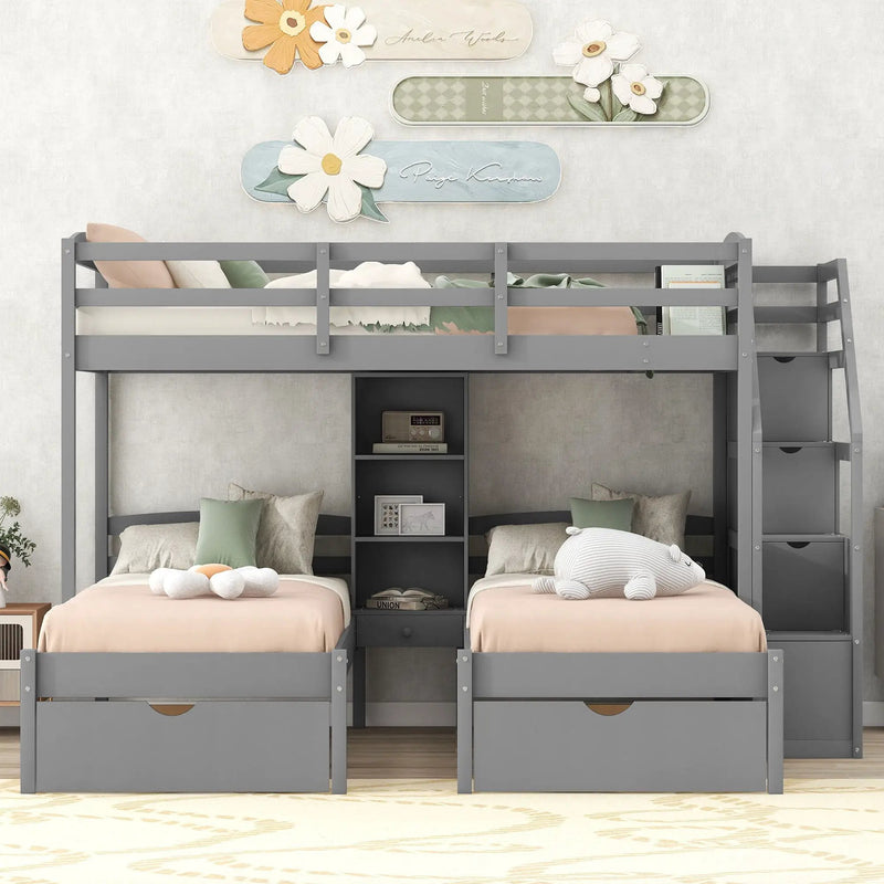 Twin Over Twin & Twin Bunk Bed With Drawers, Staircase Storage, Built In Shelves - Gray by HouseOfZazla