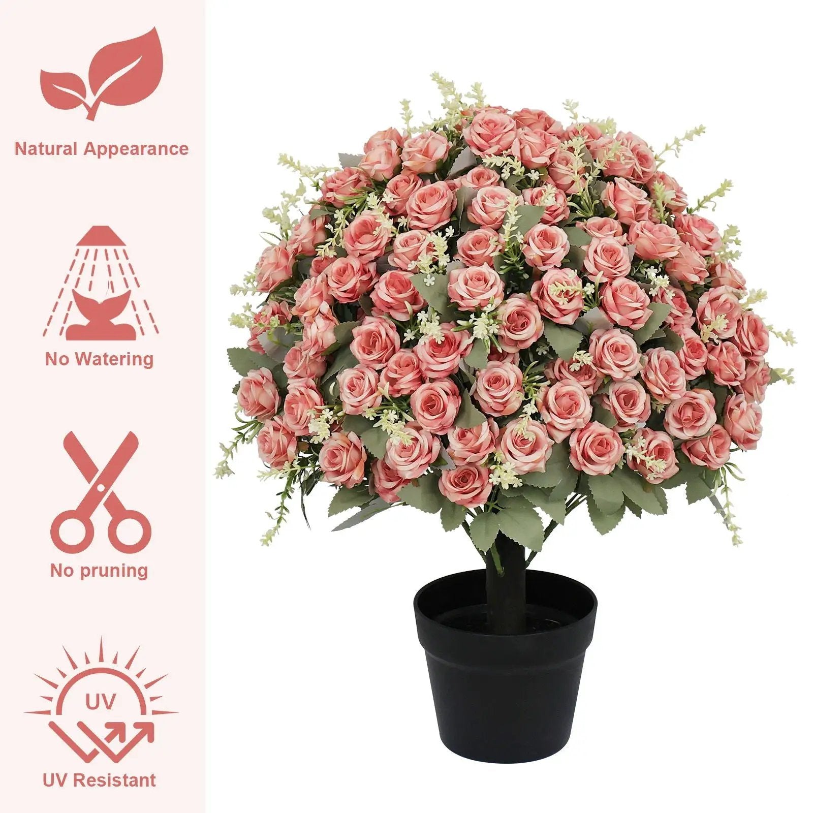 Artificial Rose Decoration With UV Resistant Silk Petals, Durable Stems In Cement Pot, Indoor Outdoor Potted Floral Arrangement - Green / Pink by HouseOfZazla