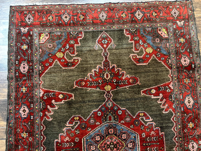 Antique Persian Tribal Rug 5x7, Geometric Wool Carpet, Kurdish Senneh Rug by Jewel Rugs