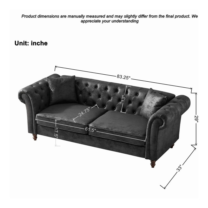 Chesterfield Sofa, High Tech Fabric Roll Armrest, 3 Seater Couch - Black by Unique Piece Furniture