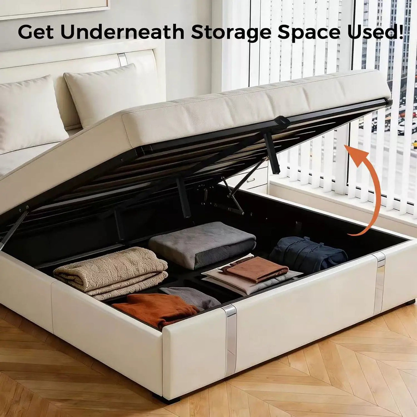 Upholstered Platform Bed Frame With Adjustable LED Headboard, USB C-Charging, Hydraulic Lift by HouseOfZazla