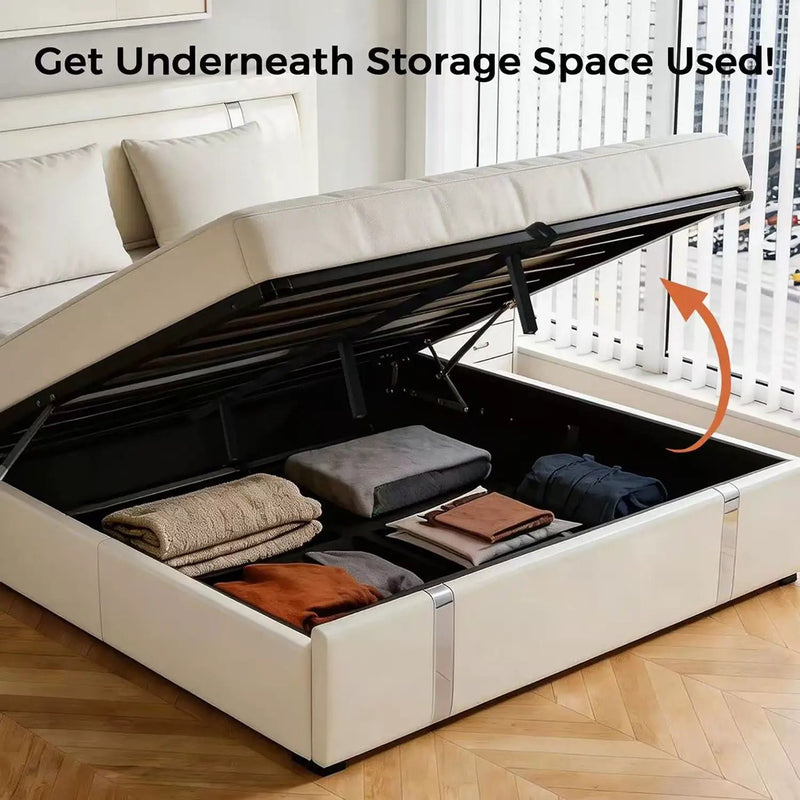 Upholstered Platform Bed Frame With Adjustable LED Headboard, USB C-Charging, Hydraulic Lift by Unique Piece Furniture