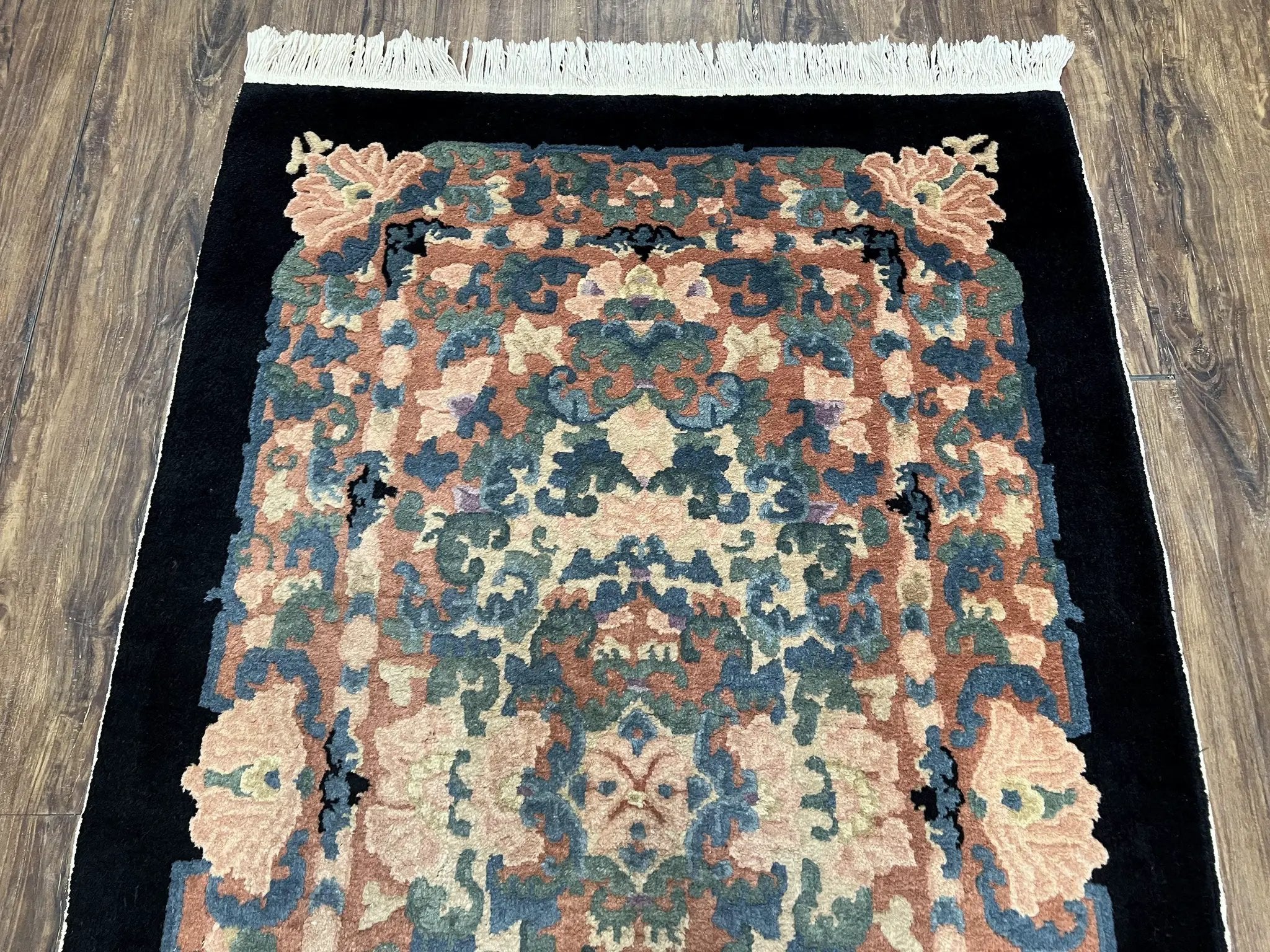 Chinese Art Deco Rug 3x5, Black and Beige Chinese Carpet 3 x 5, Vintage Rug, 1950s Rug, Floral Rug, Handmade Rug, Art Deco Rug, Wool Rug by Jewel Rugs