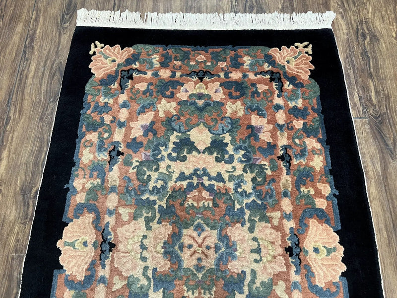 Chinese Art Deco Rug 3x5, Black and Beige Chinese Carpet 3 x 5, Vintage Rug, 1950s Rug, Floral Rug, Handmade Rug, Art Deco Rug, Wool Rug by Jewel Rugs