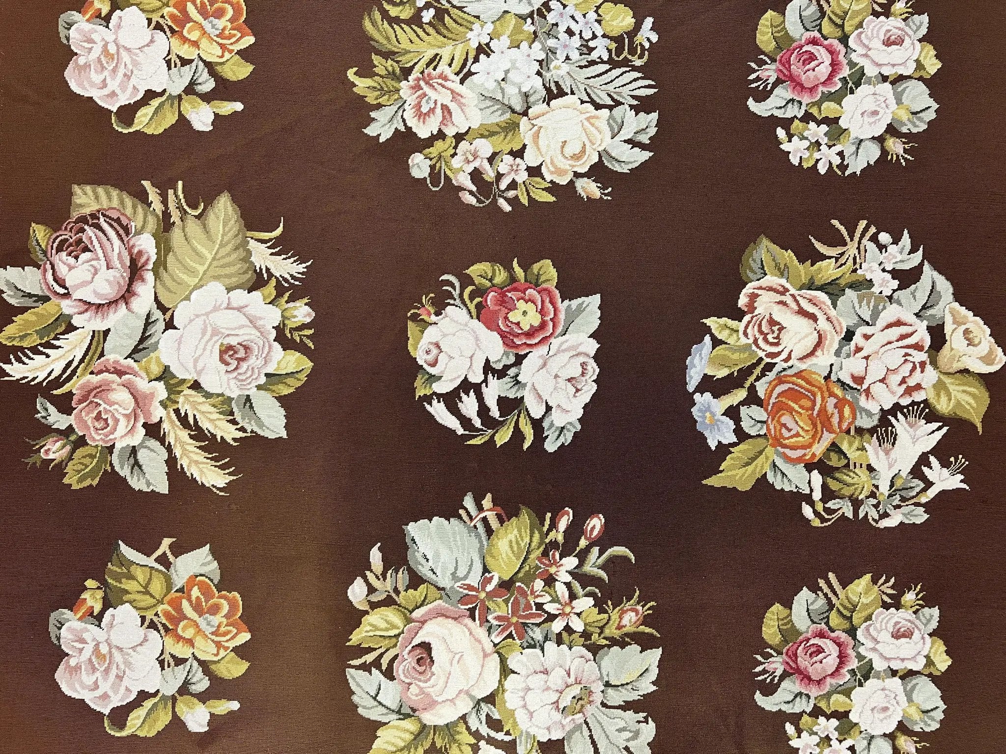 Vintage Needlepoint Rug 9x12, Large Handmade Hand-woven Needlepoint Carpet, Brown Area Rug, Floral Bouquets, Wool Rug, European Design by Jewel Rugs