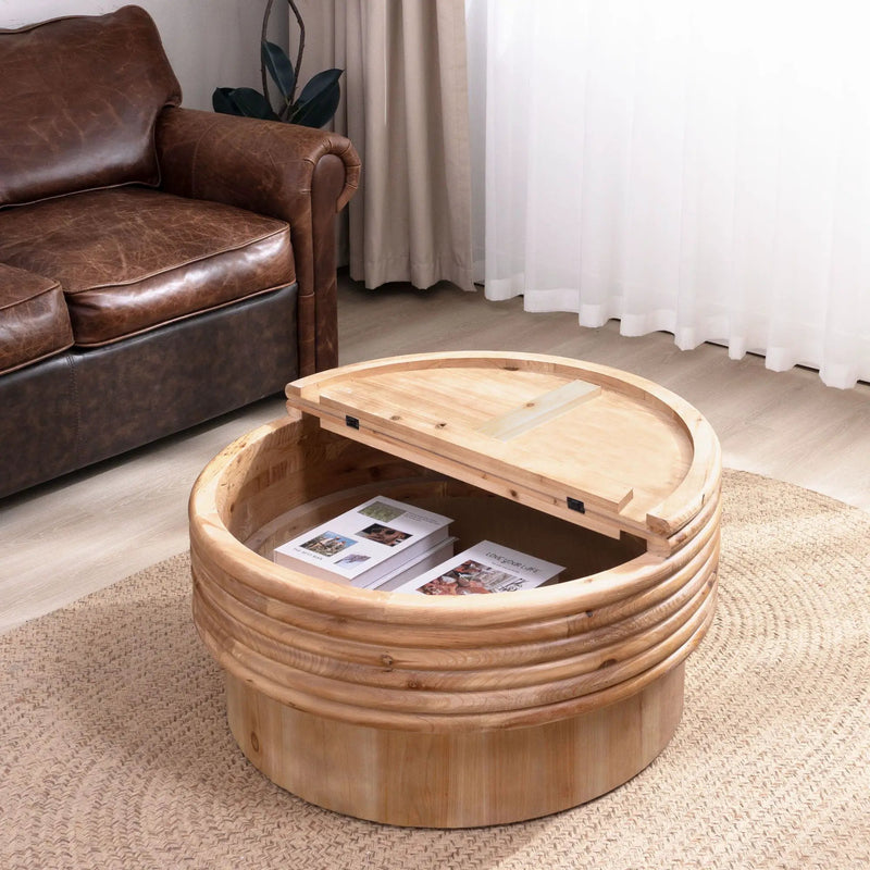 Round Wooden Coffee Table With Hidden Storage, Modern Rustic Centerpiece For Living Room - Multi / Natural / Rustic by Unique Piece Furniture