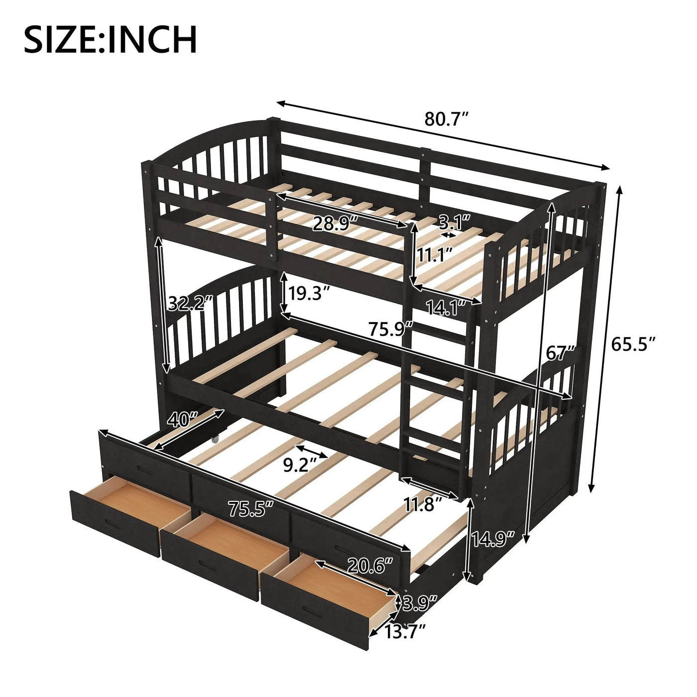 Bunk Bed With Trundle And Drawers, Arched Headboard And Footboard by HouseOfZazla