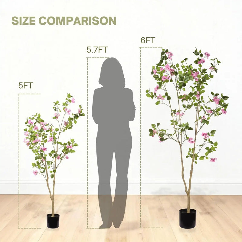 Artificial Bougainvillea Tree With Pot, Realistic Faux Flowering Plant Leaves And Blooms, Decor For Home Office - Green Leaves / Pink by HouseOfZazla