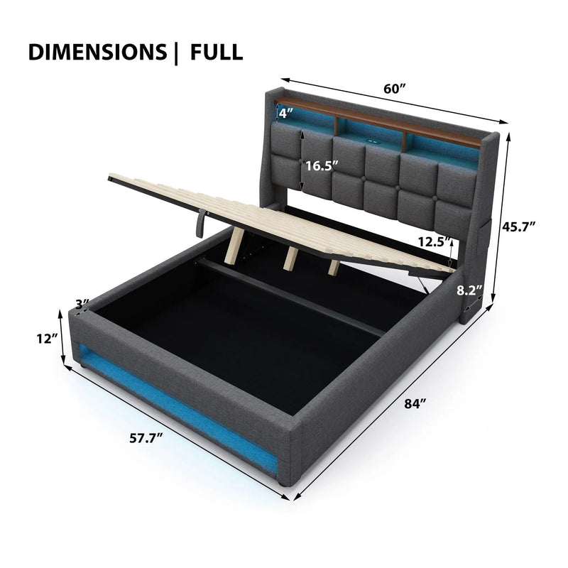 Platform Bed With Hydraulic Storage, LED Lighting & Charging Station by HouseOfZazla