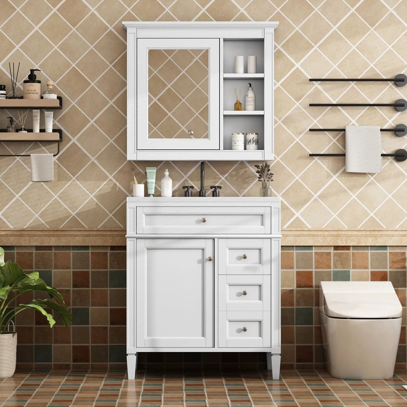Bathroom Vanity With Top Sink, 2 Doors And 3 Drawers, Freestanding Set With Mirror Cabinet by HouseOfZazla