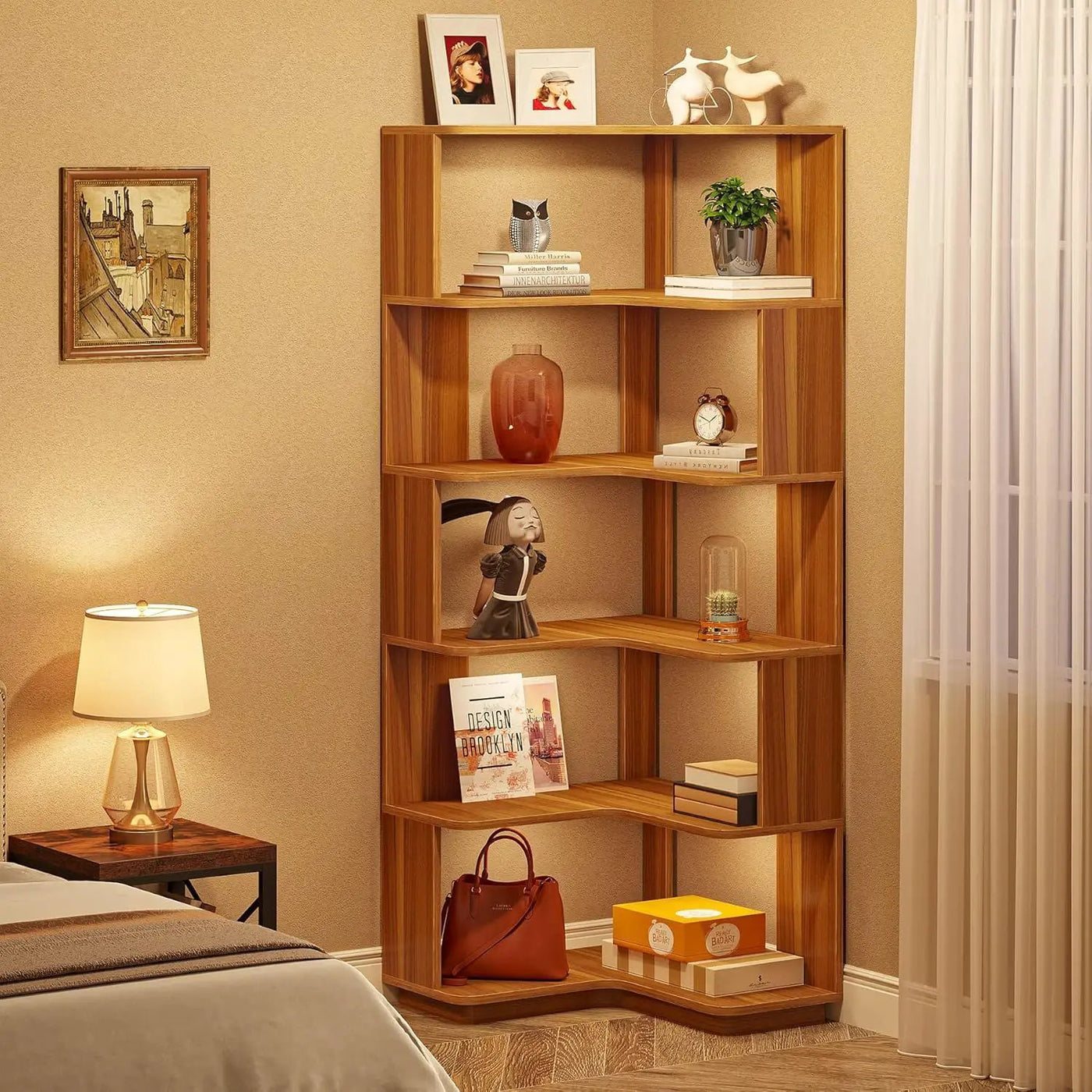 6 Tier Corner Bookshelf, L-Shaped Freestanding Shelf With Anti Drop Panels by HouseOfZazla