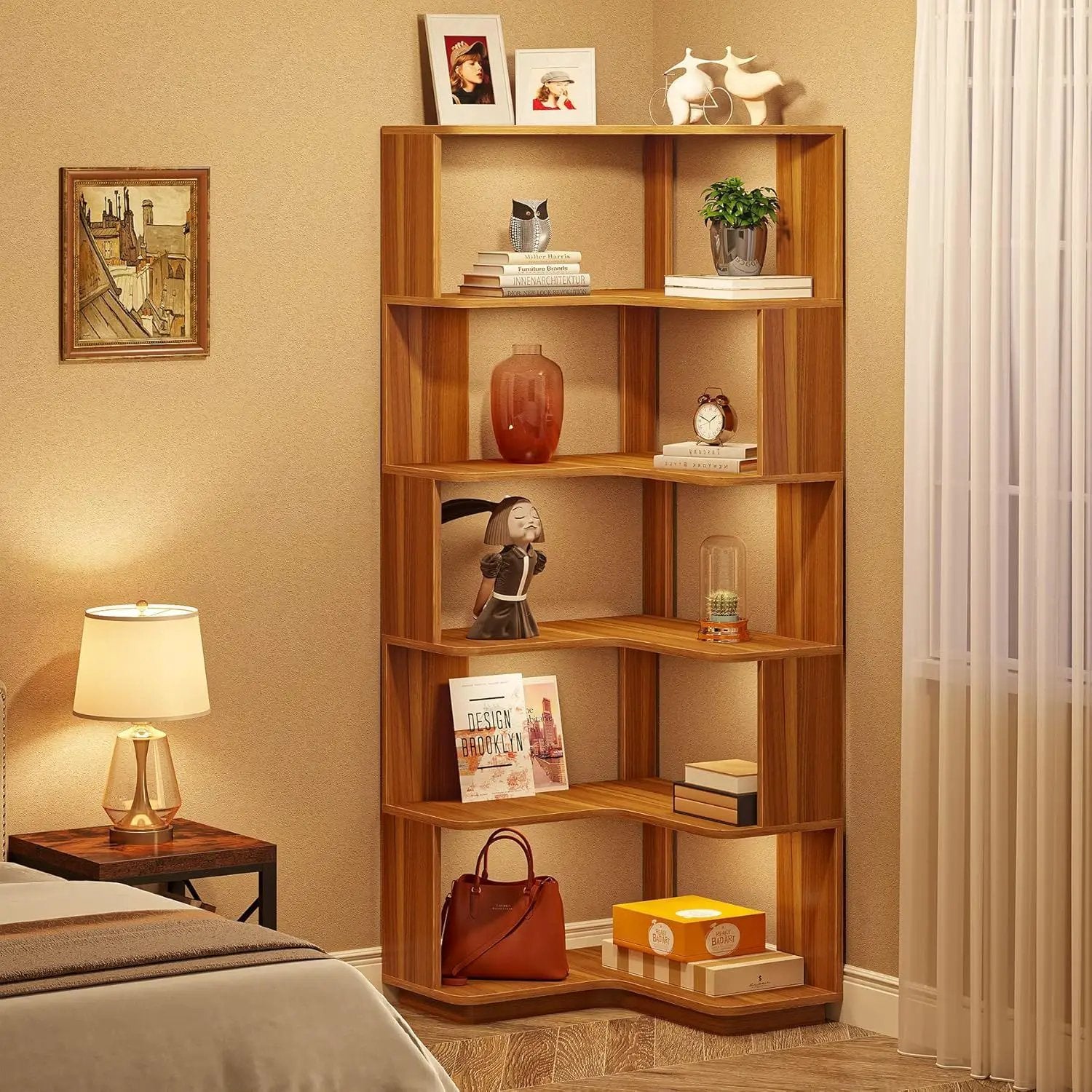 6 Tier Corner Bookshelf, L-Shaped Freestanding Shelf With Anti Drop Panels by HouseOfZazla