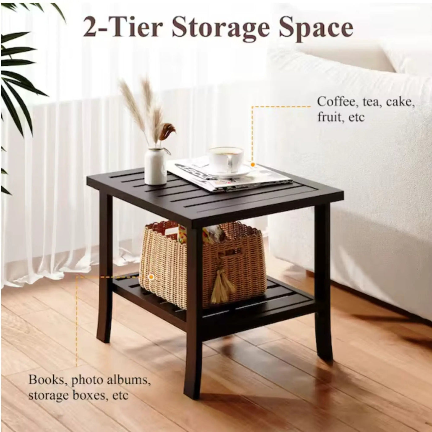 Square 2 Tier All-Weather Outdoor Side Table With Slatted Top by HouseOfZazla