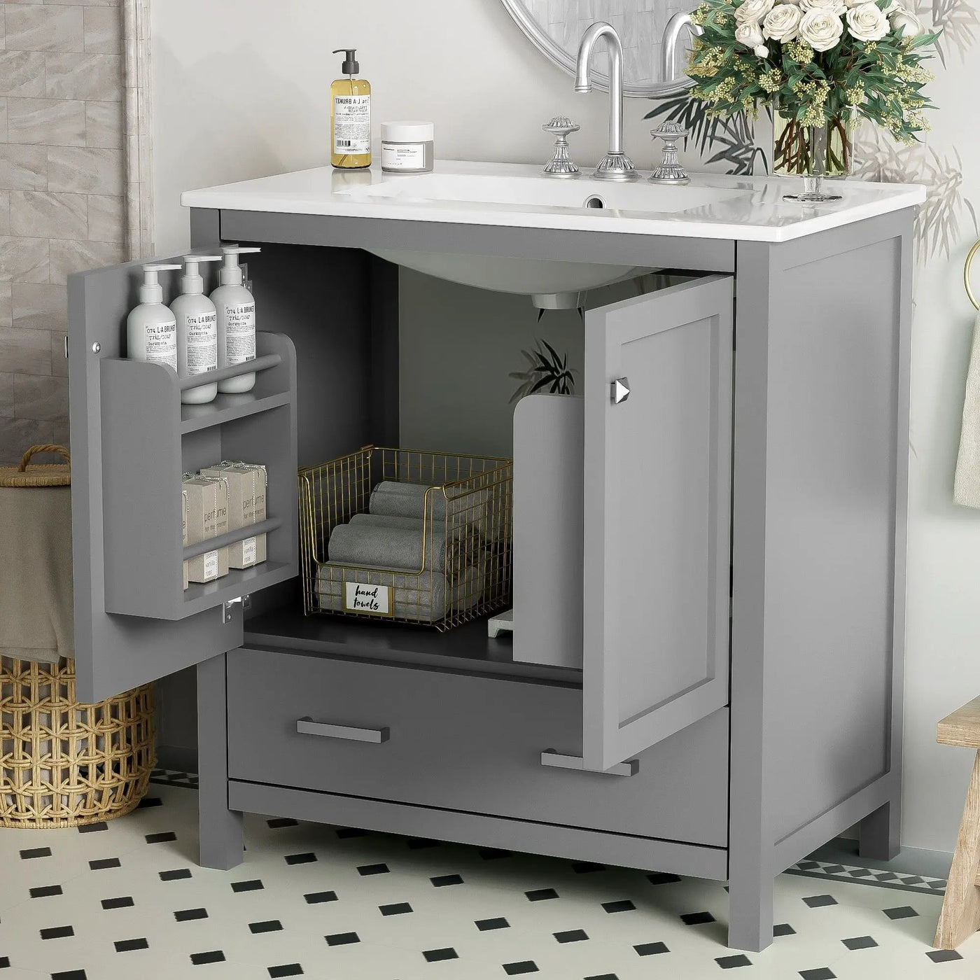 Bathroom Vanity With Single Sink, Combo Cabinet Undermount Sink, Bathroom Storage Cabinet With Two Doors And A Drawer, Soft Closing, Multifunctional Storage, Solid Wood Frame by Unique Piece Furniture