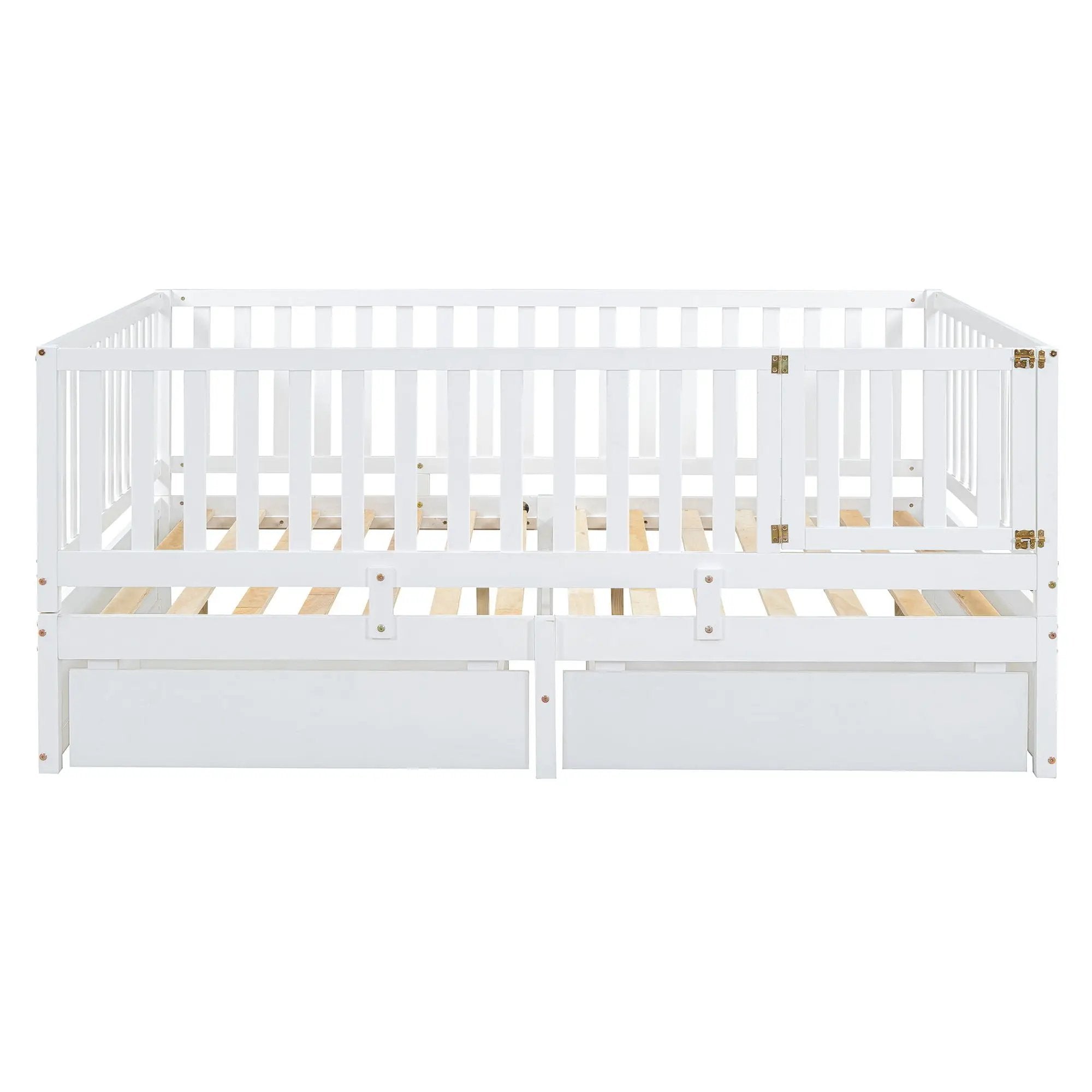 Daybed With Fence Guardrails And 2 Drawers, Split Into Independent Floor Bed & Daybed by HouseOfZazla