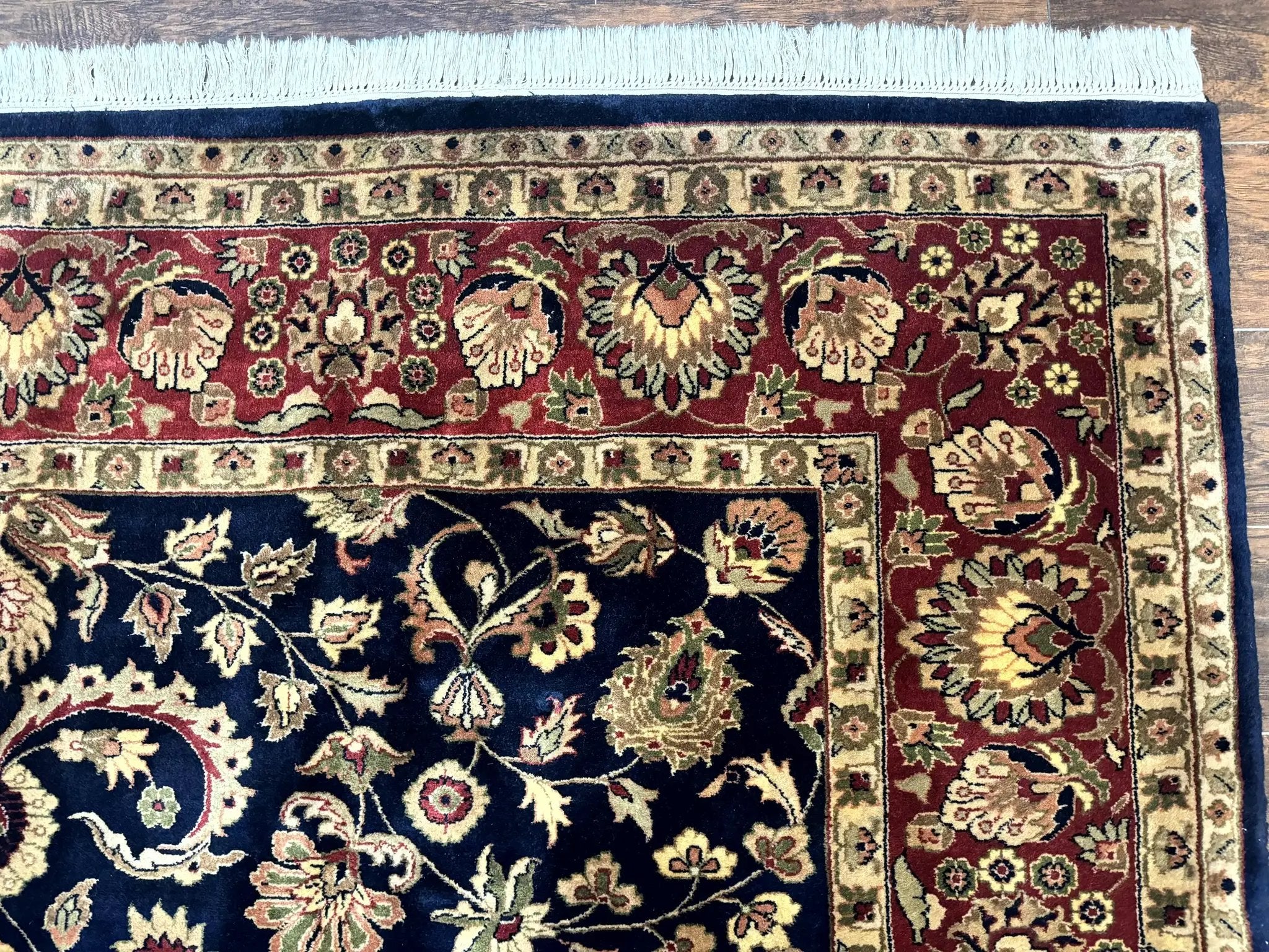 Indo Persian Rug 8x10, Navy Blue and Red, Floral Allover, Hand Knotted Vintage Wool Carpet, Indo Sarouk by Jewel Rugs