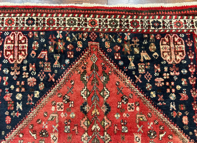 Persian Tribal Rug 3.6 x 5 ft, Persian Abadeh Rug, Geometric Medallion Bird Motifs, Red and Navy Blue Hand Knotted Handmade Wool Vintage Oriental Carpet by Jewel Rugs