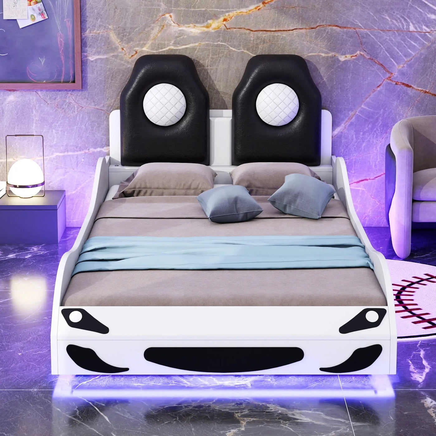 Race Car Shaped Platform Bed With LED And Upholstered Backrest In by HouseOfZazla