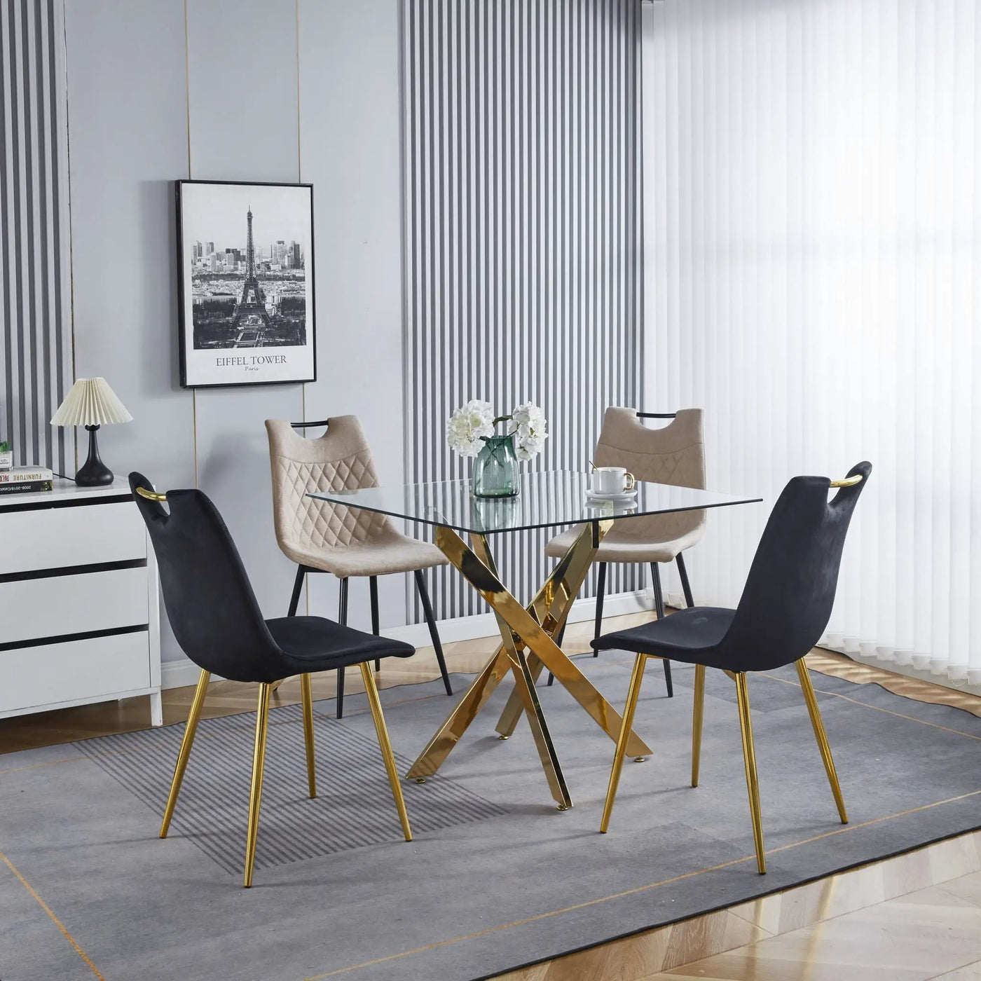 Dining Table With Cross Metal Leg And Tempered Glass, Modern Space Saving Kitchen Table For Living Room Legs, Square Table by HouseOfZazla