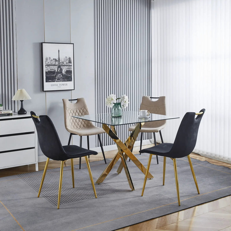 Dining Table With Cross Metal Leg And Tempered Glass, Modern Space Saving Kitchen Table For Living Room Legs, Square Table by HouseOfZazla