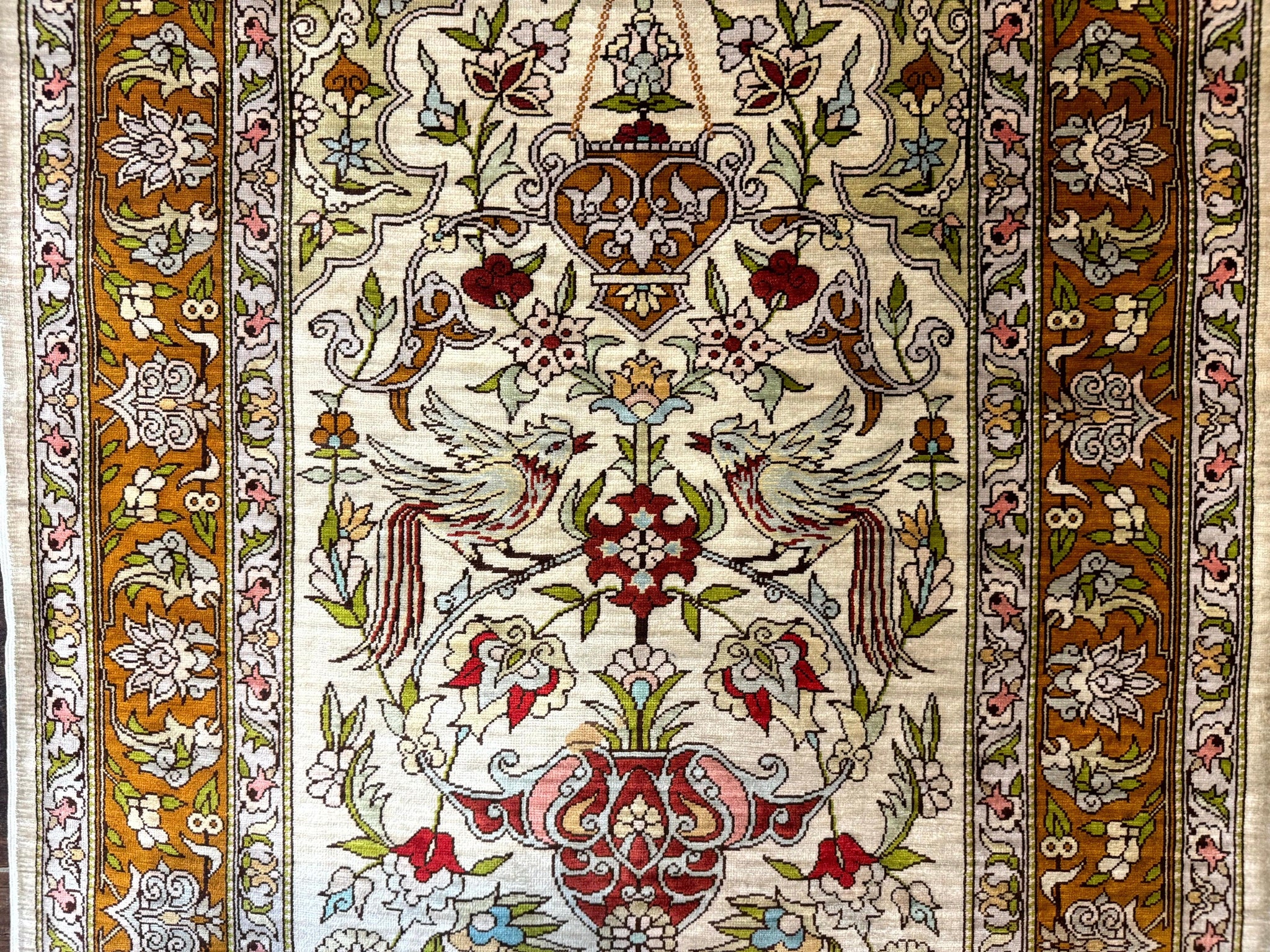Silk Turkish Hereke Rug 2x3, Birds Lantern Very Fine 400 KPSI, Signed by Masterweaver, Wonderful, Rare, Small Hereke Rug by Jewel Rugs