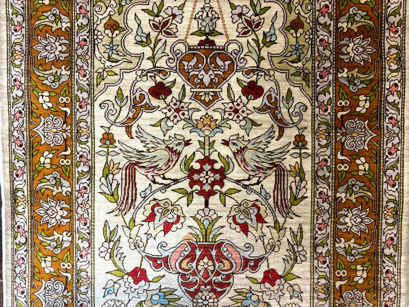 Silk Turkish Hereke Rug 2x3, Birds Lantern Very Fine 400 KPSI, Signed by Masterweaver, Wonderful, Rare, Small Hereke Rug by Jewel Rugs