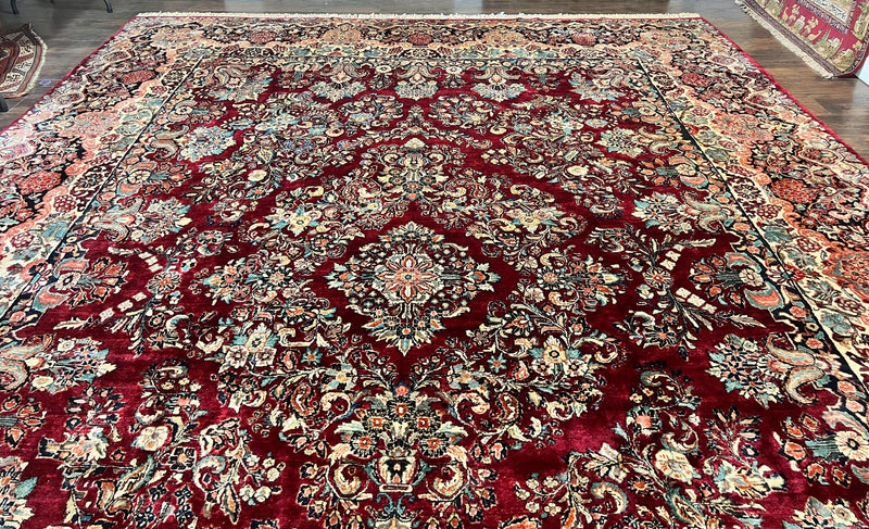 Persian Sarouk Rug 12x17, Wool Hand Knotted Antique Carpet, Dark Red, Traditional Floral Oriental Rug, 12 x 17 Extra Large Handmade Rug by Jewel Rugs