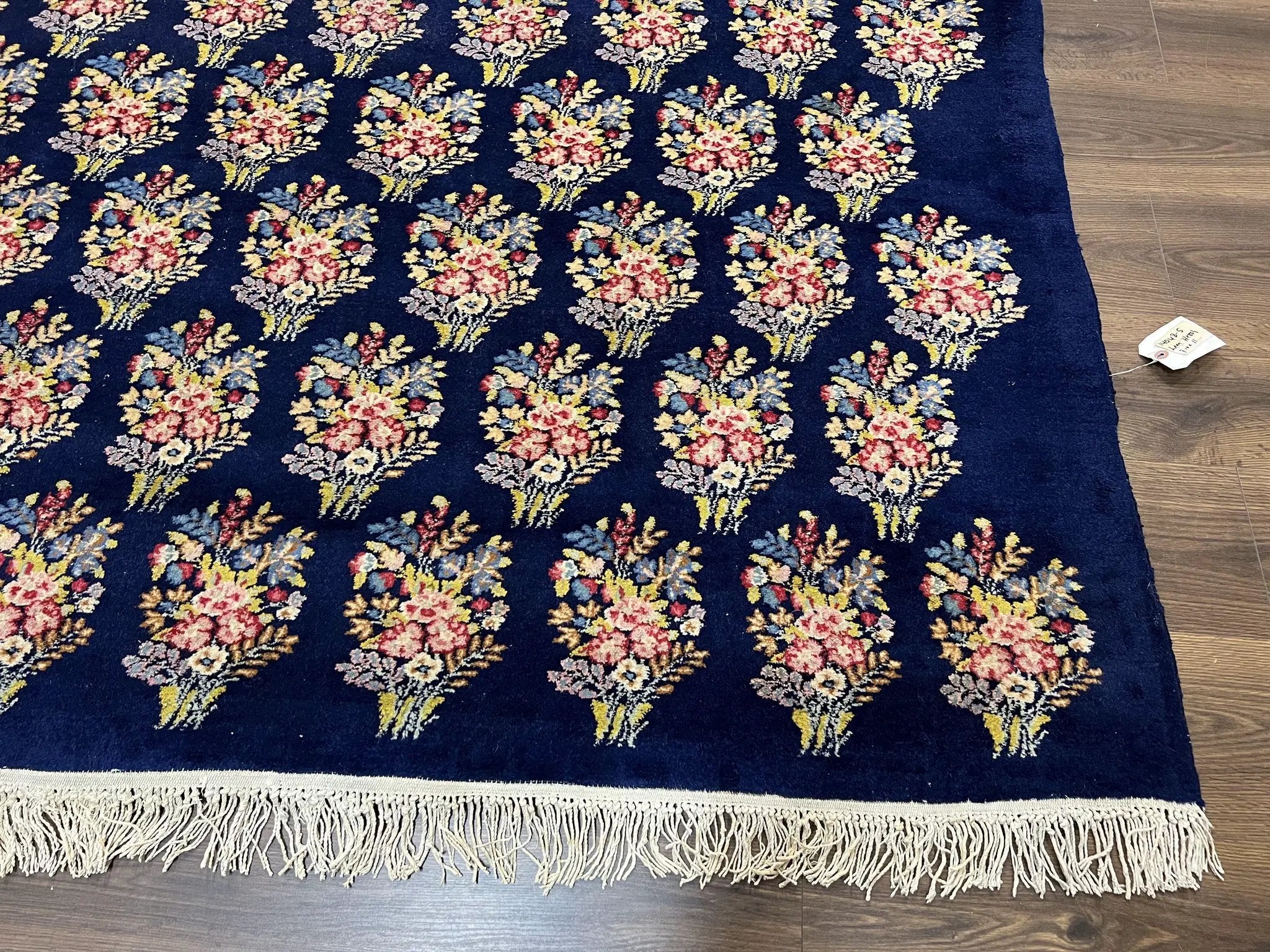 Persian Rug 9x12, Authentic Hand Knotted Carpet, Repeated Floral Motif Garden of Eden, Navy Blue Wool Rug 9 x 12, Semi Antique Kirman Rug by Jewel Rugs